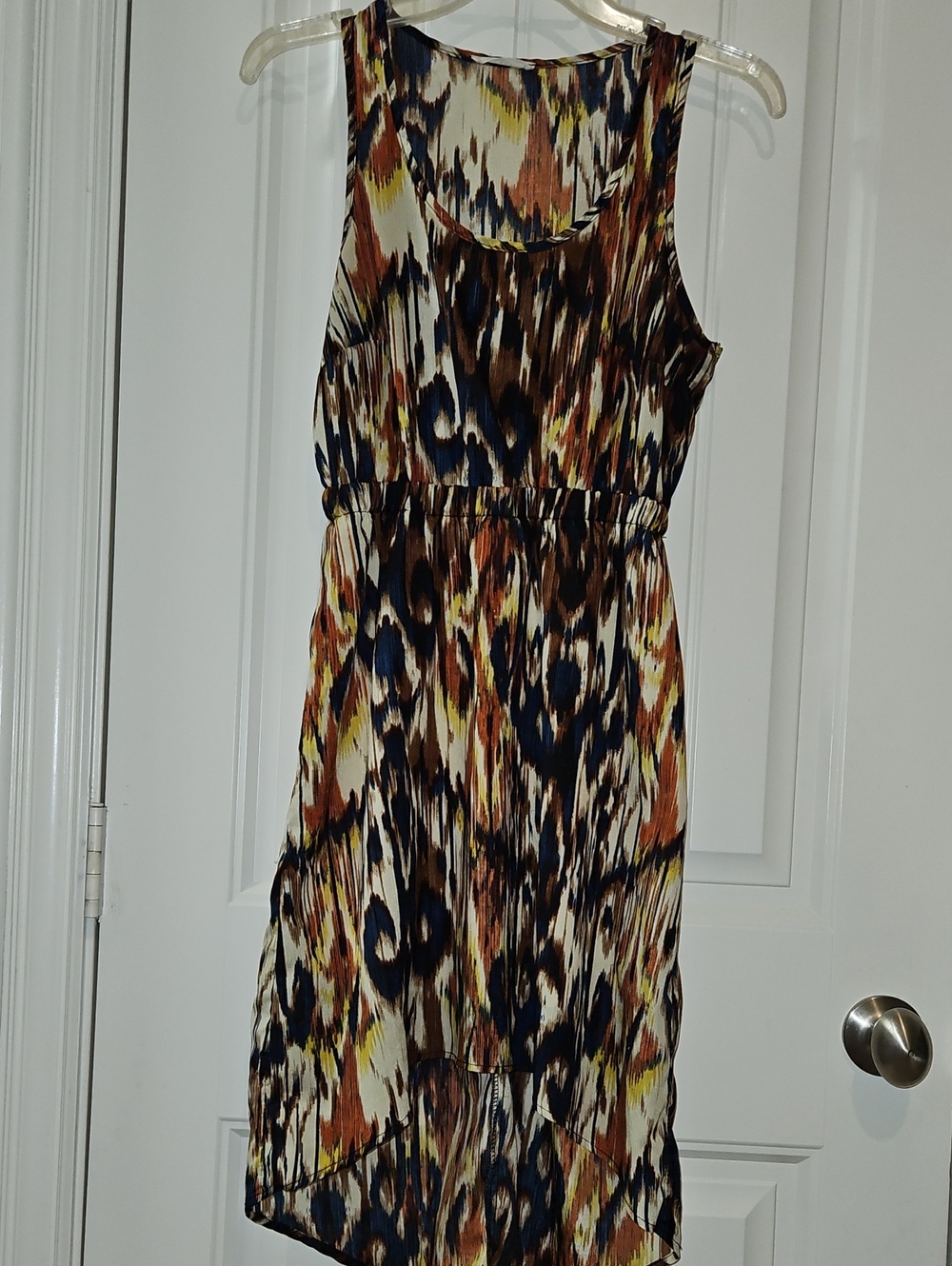 Lush Sleeveless Printed Dress in Navy, Brown, Cream and Yellow